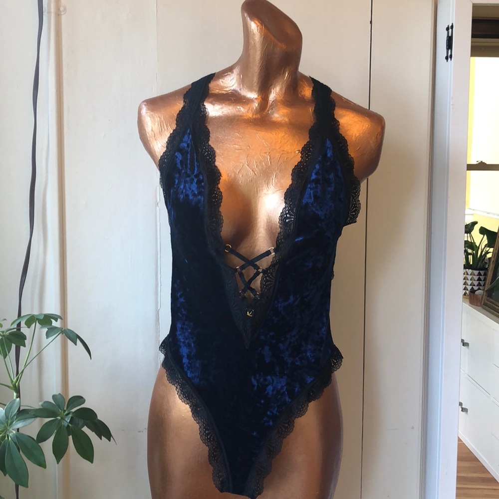 Crushed blue velvet & mesh body suit